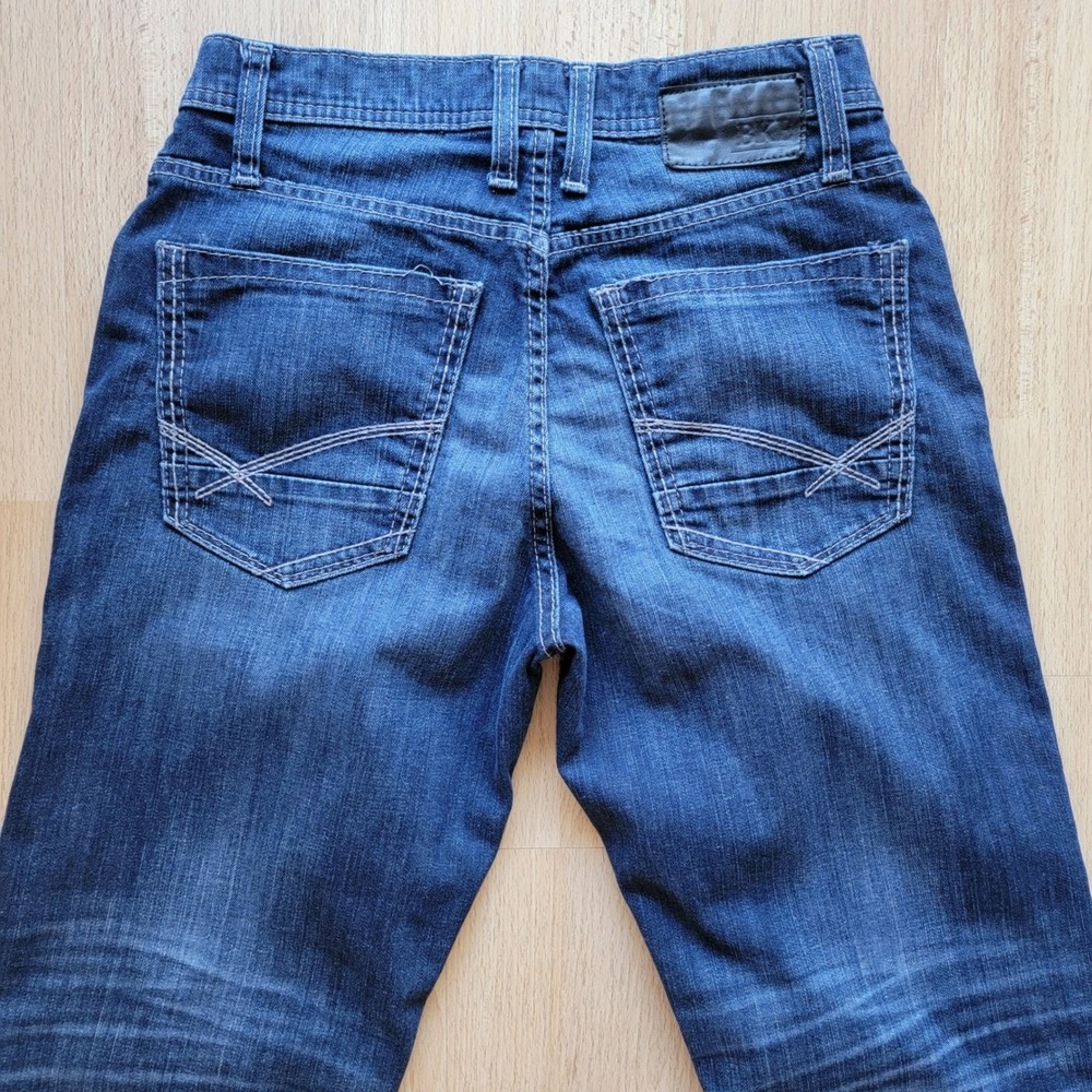 BKE Jake Bootleg Jeans Mens Size 29 Dark Wash Distressed Stretch Denim